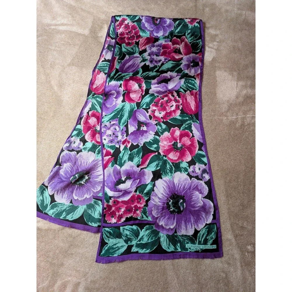 Adrienne Vittadini Floral Scarf Purple Pink Green Black Silky 11x53 Vintage